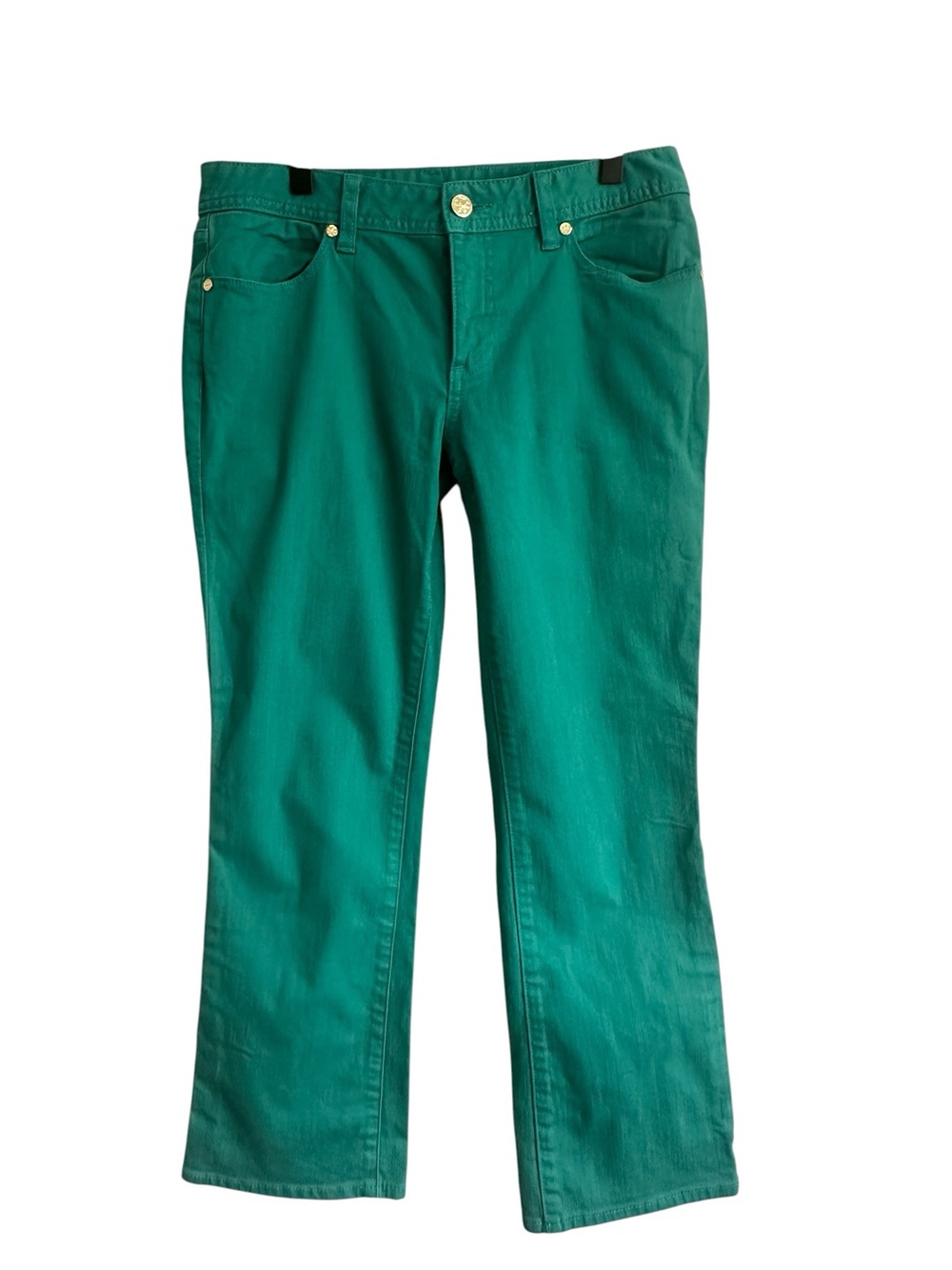 Tory Burch Cropped Jeans 28 Green Slim Boot Stretch Denim Teal Comfort Capsule
